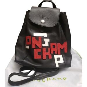 Longchamp LIMITED Black Lettering Logo Patch Leather XS Backpack New w/tag